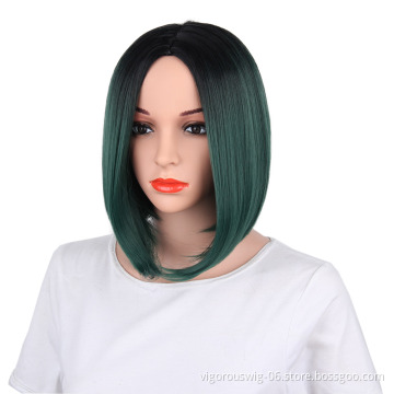 Heat resistant high quality wholesale premium vendor ombre blue short straight wavy hair synthetic wig lace front black women